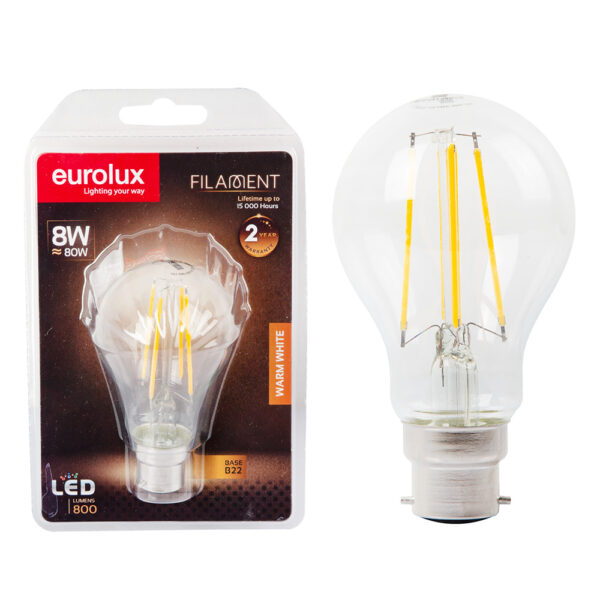 8w B22 A60 LED Clear Filament 3000K Blister