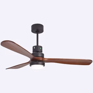Black ceiling fan with solid wood blades.