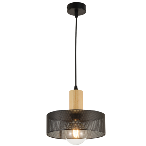 BLACK MESH METAL & WOOD PENDANT 1X40W ES 250MM