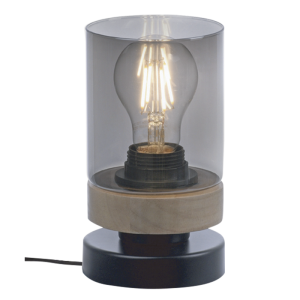BLACK METAL& WOOD TABLE LAMP SMOKE GLASS 1X40W ES