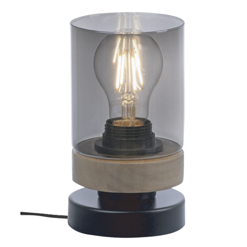 BLACK METAL& WOOD TABLE LAMP SMOKE GLASS 1X40W ES