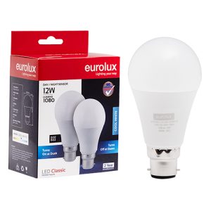 A60 Day/Night Sensor 12W LED B22 4000K Twin Pack Box 105lm